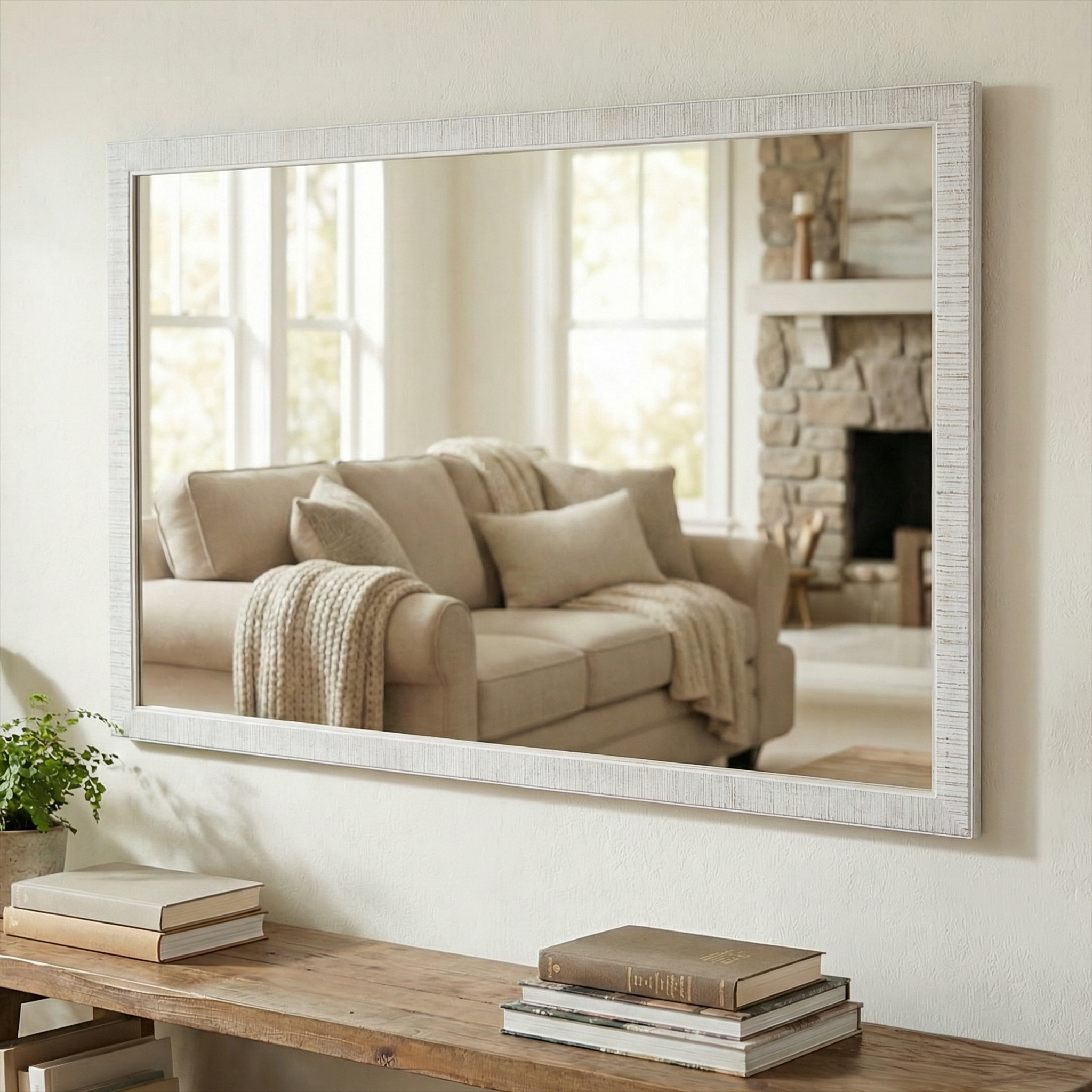 Huntington Distressed White Framed Mirror