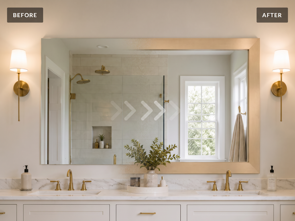 Existing wall-mounted bathroom mirror updated with a made-to-order frame
