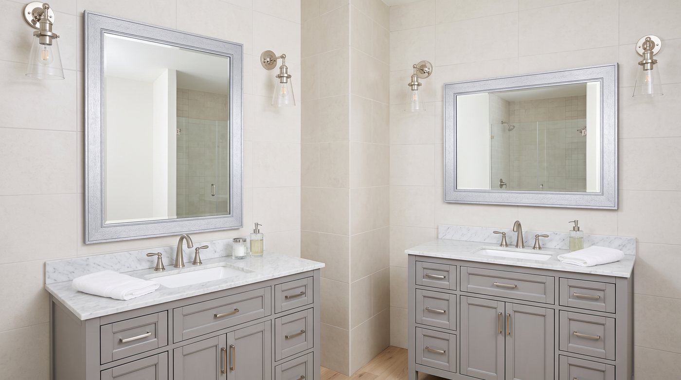 Coordinated framed mirrors used across multiple rental or investment properties