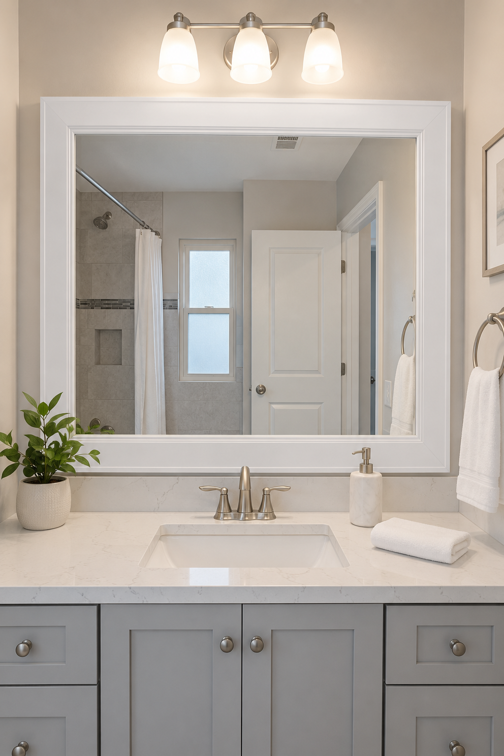 Updated rental-property bathroom with an Eastland White framed vanity mirror