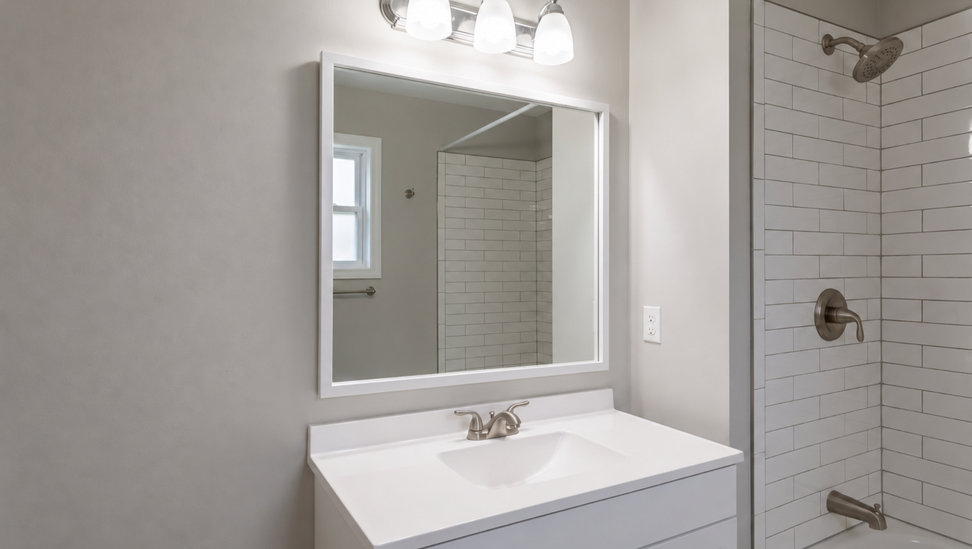 Listing-ready bathroom with a framed vanity mirror and neutral updated finishes