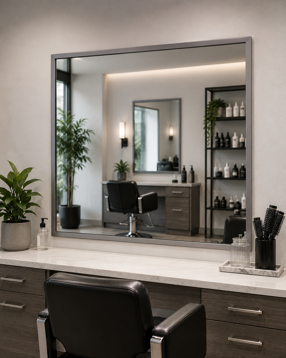 Modern salon interior with Dawson Satin Nickel framed wall mirror