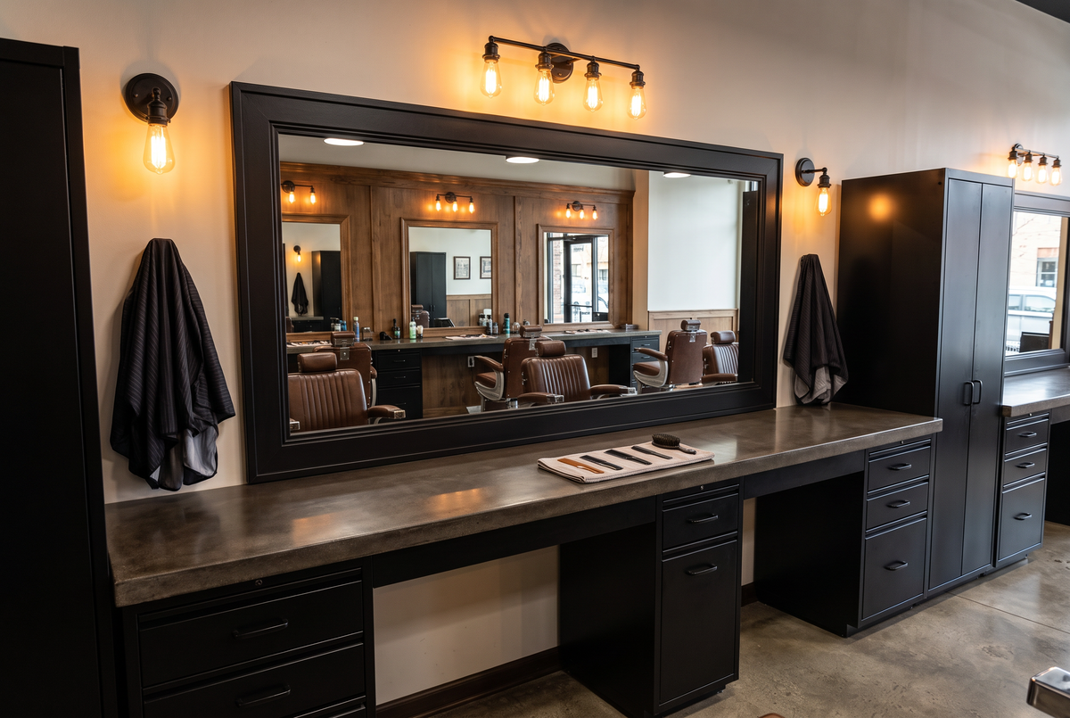 Professional salon or barbershop interior with a coordinated framed wall mirror