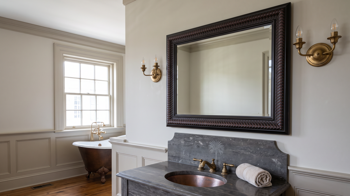 Customer-facing retail or hospitality interior with a professionally framed mirror