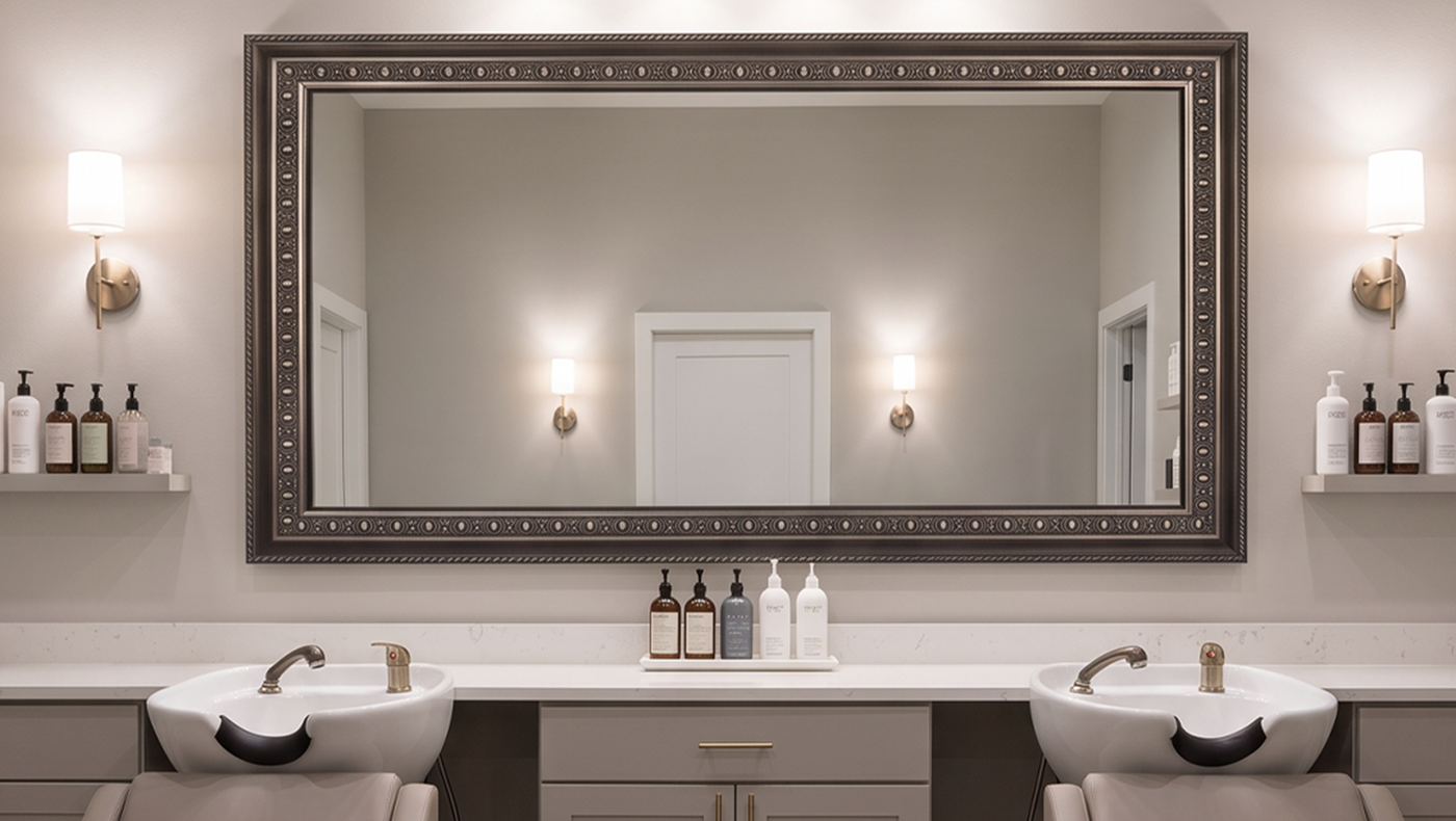 Complete framed mirror installed in a renovated small-business interior