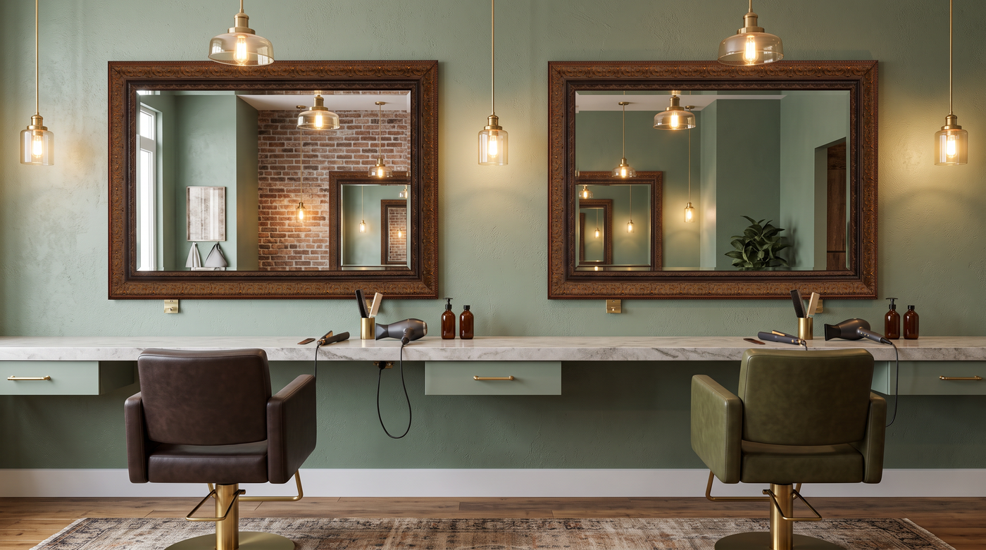Coordinated framed mirrors installed throughout a professional small-business interior
