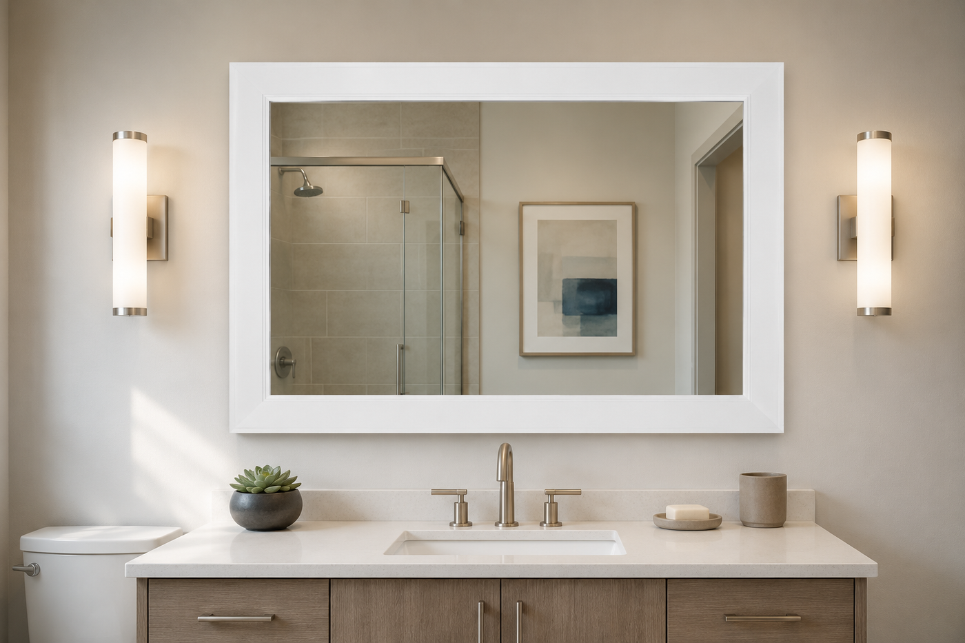 A large rectangular wall mirror with a thick white frame hangs above a double-sink bathroom vanity. The mirror reflects a shower and framed artwork, while the room features warm beige walls, vertical wall sconces, a white countertop, and wood-look cabinets.