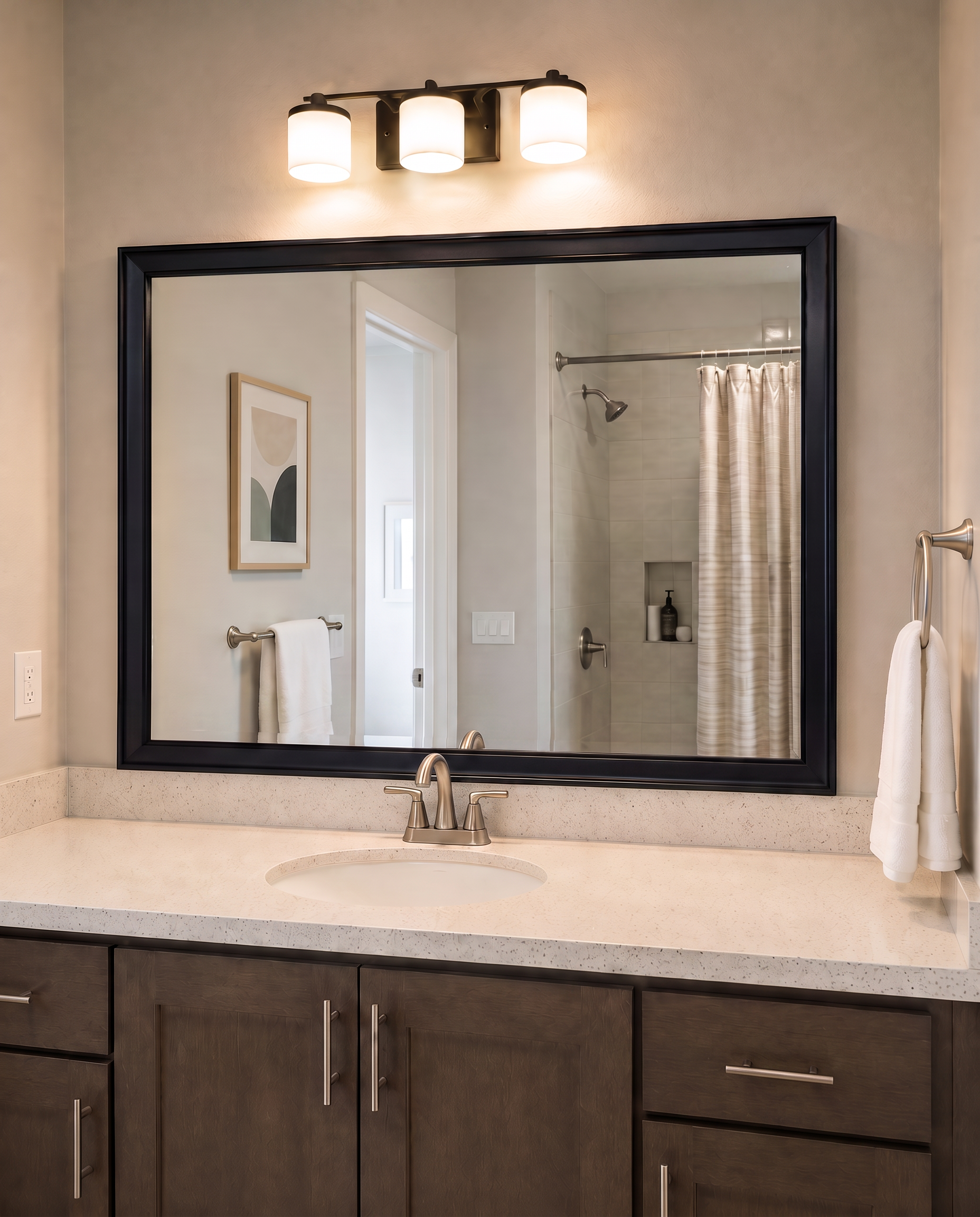 Avery Black mirror framed installed in a renovated multifamily apartment