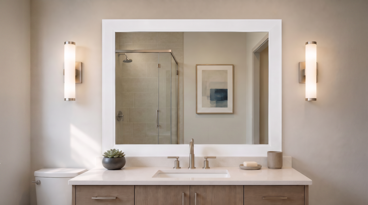 Updated rental bathroom with a made-to-order framed mirror prepared for new tenants