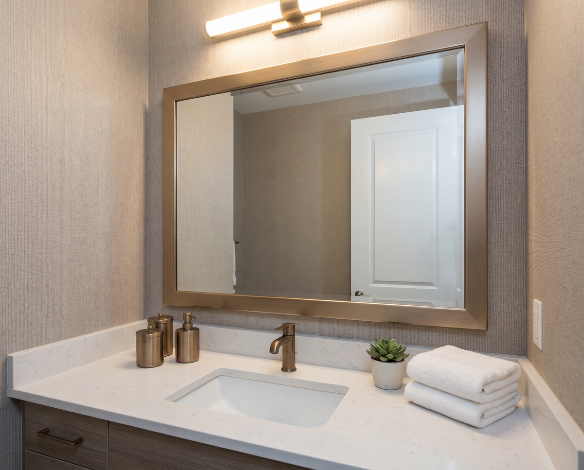 Meade Champagne Bronze mirror frame in leasing office restroom
