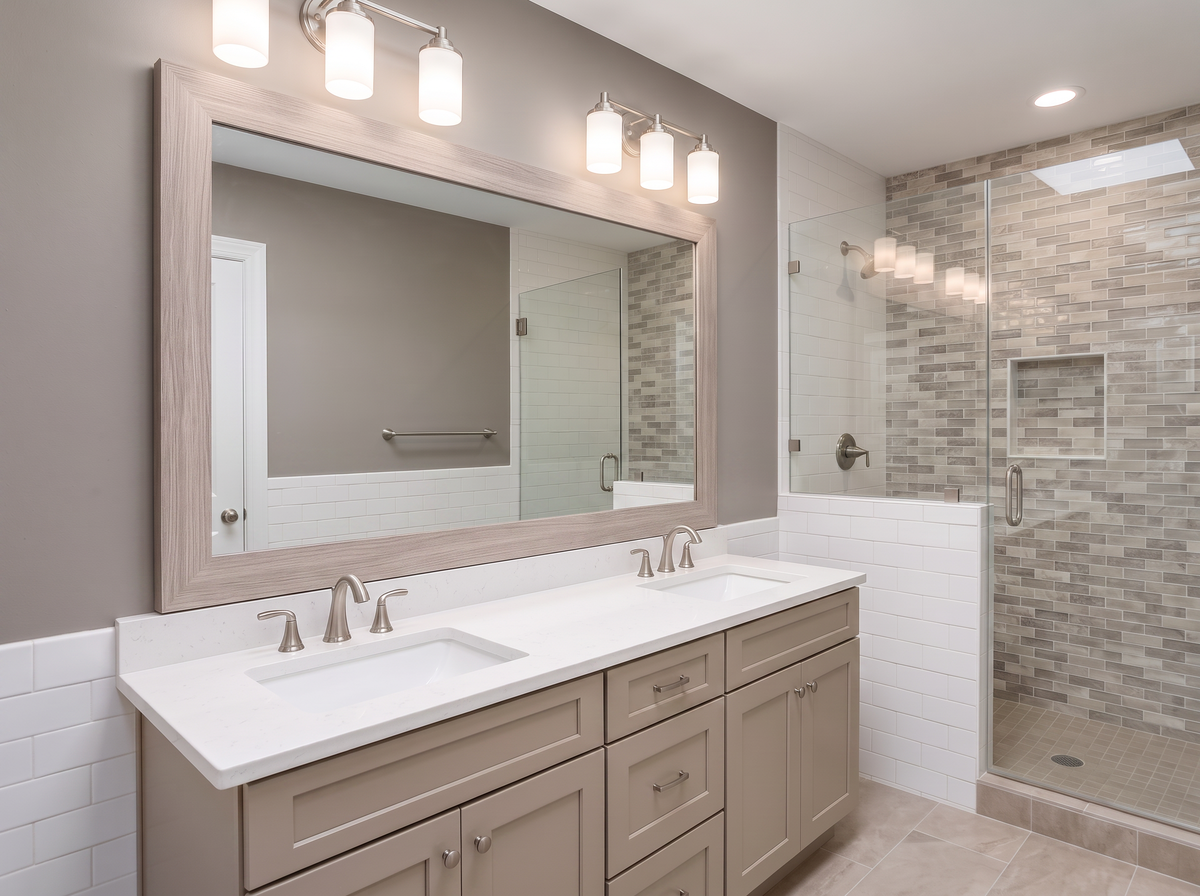 Upton Driftwood Textured mirror frame in apartment bathroom
