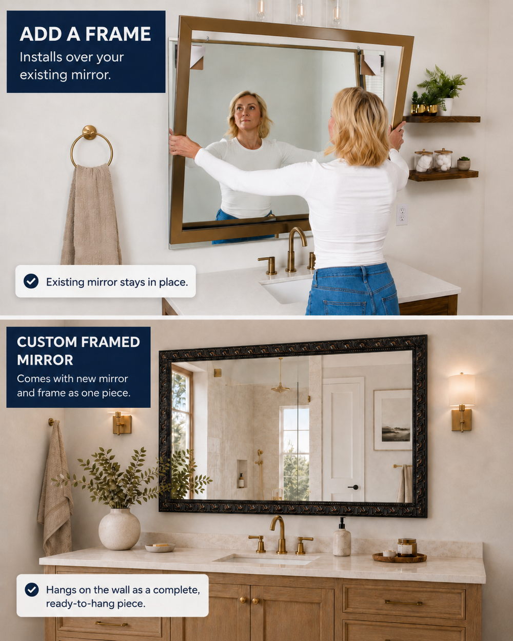 Add A Frame installed over an existing mirror compared with a complete framed mirror mounted on the wall
