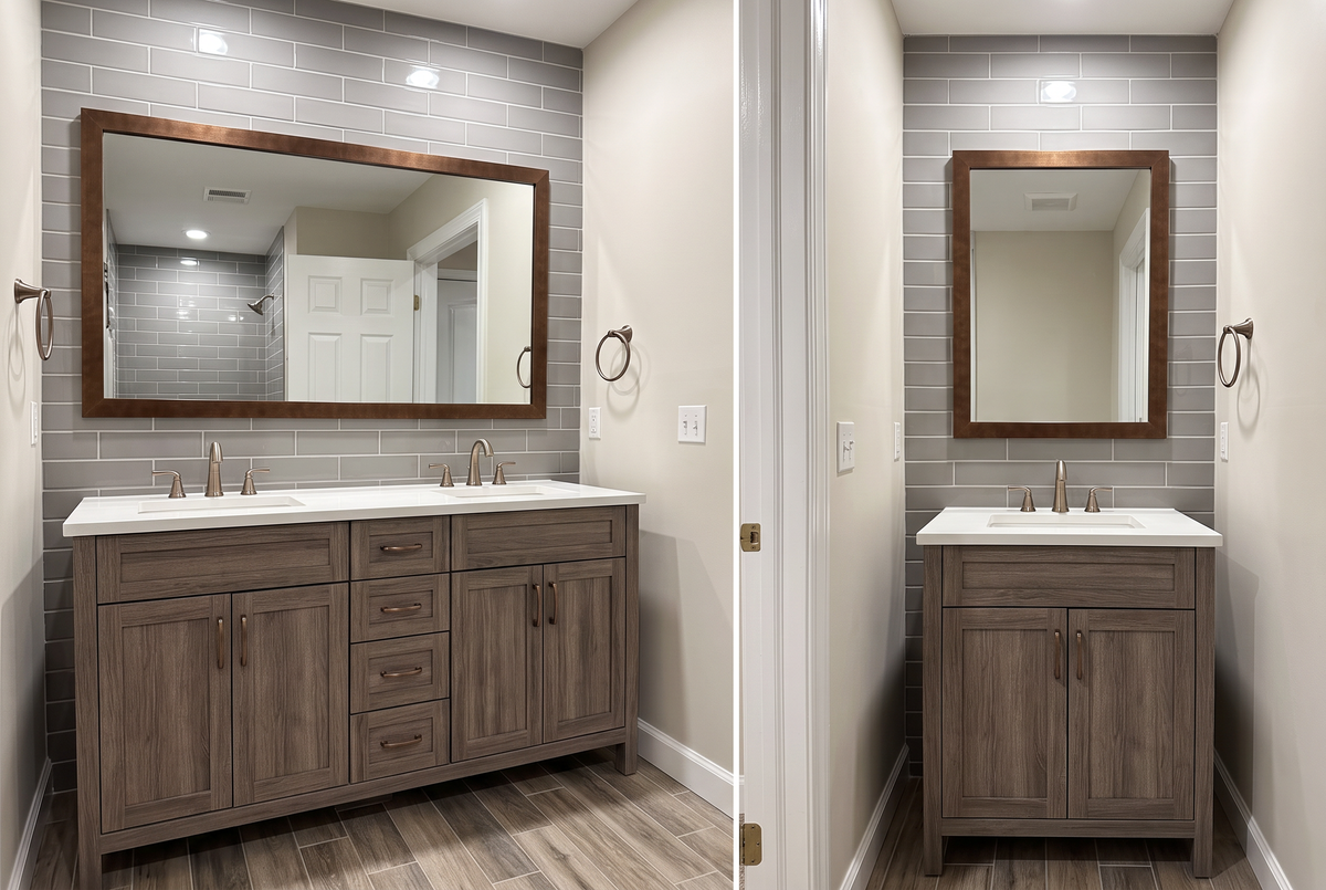 Coordinated framed mirrors installed across a multi-room professional renovation project