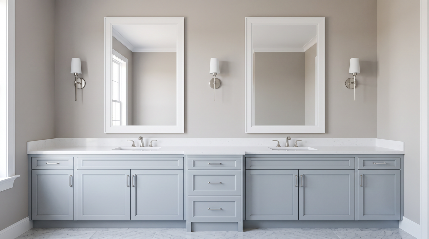 Coordinated framed mirrors installed across a professional remodeling or construction project