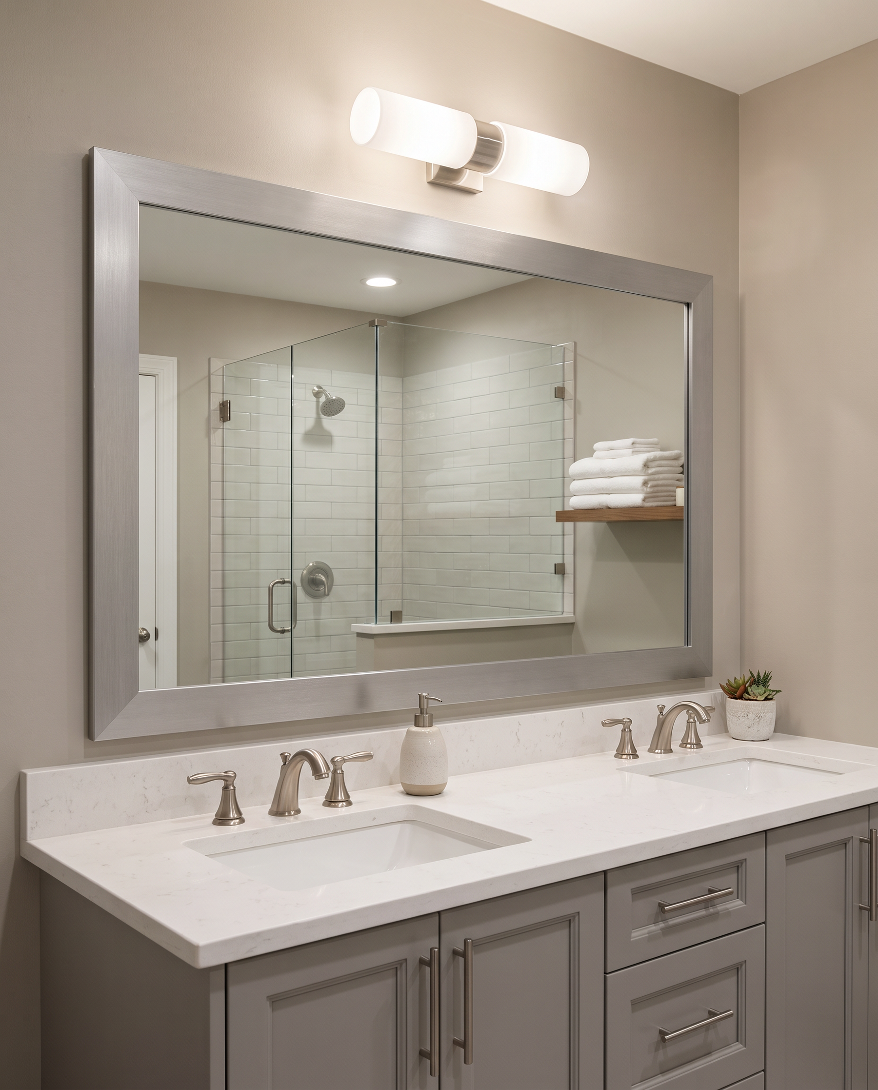 Professionally designed bathroom with a Berkshire Silver vanity mirror and coordinated finishes