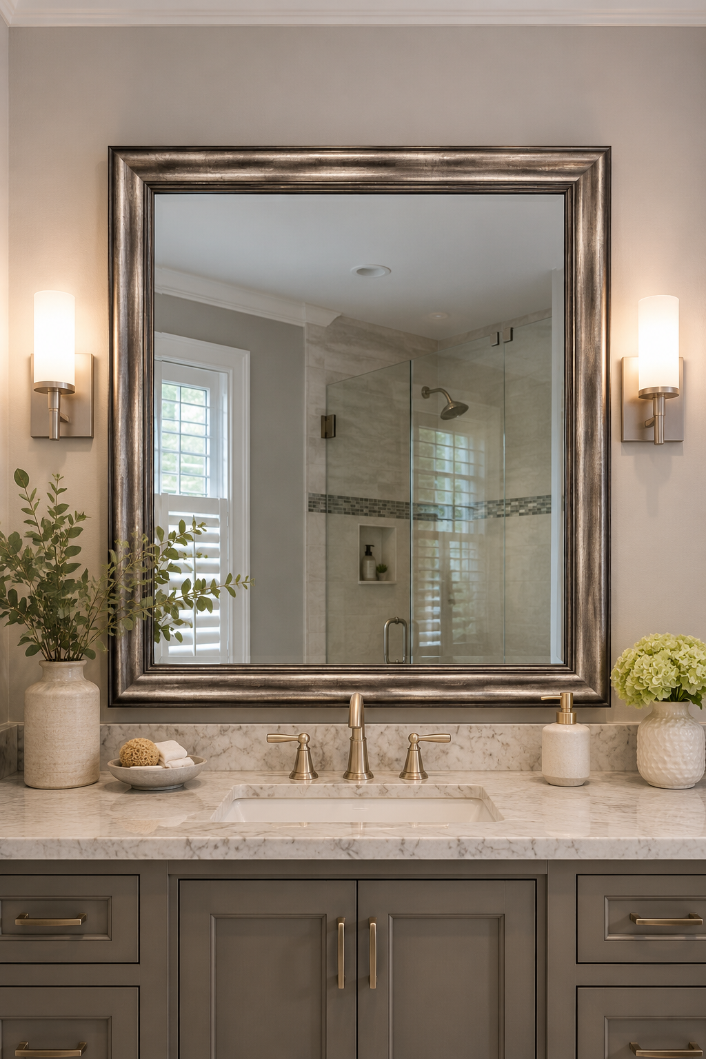 Professionally designed bathroom with a Camden Nickel framed vanity mirror
