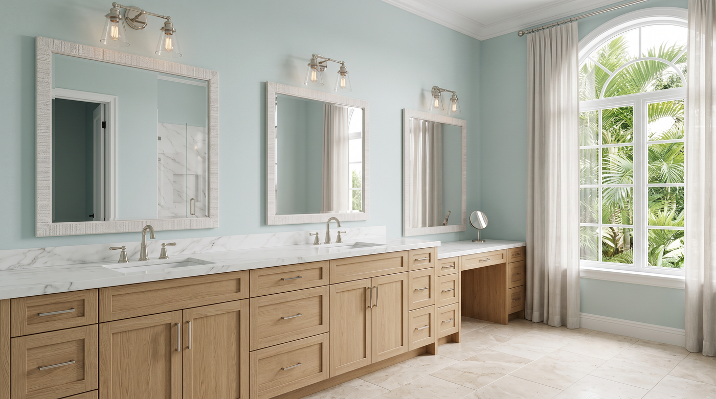 Complete framed mirror installed in a professionally designed bathroom