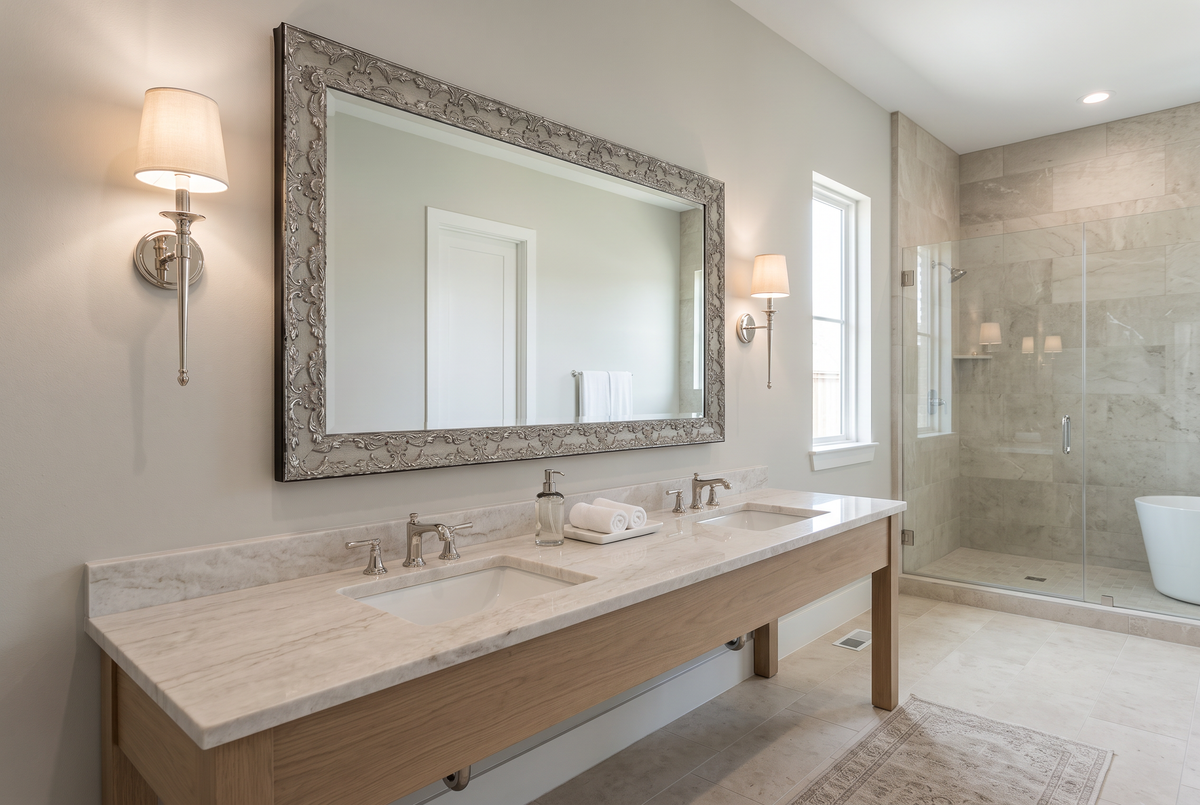 Staged model-home bathroom with a framed mirror and coordinated neutral finishes