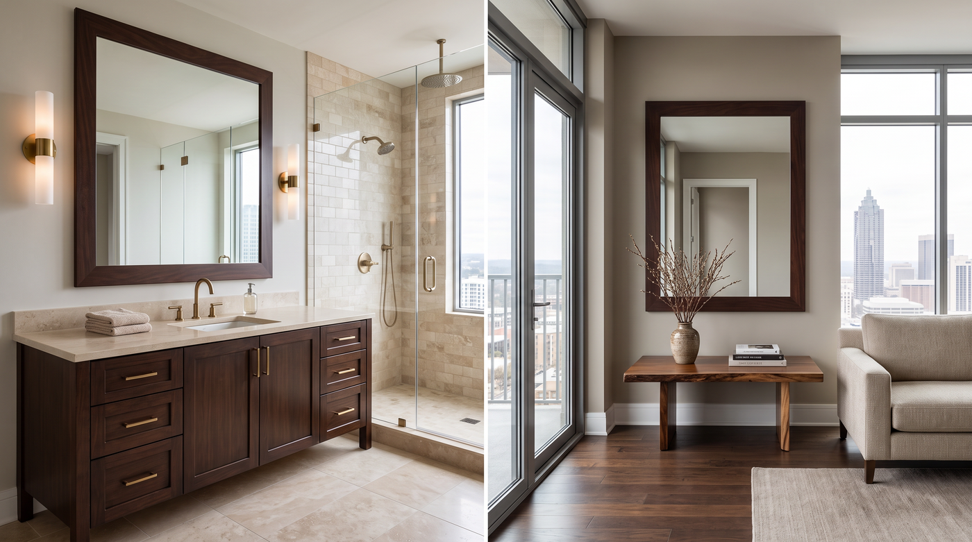 Coordinated framed mirrors used across professionally designed interiors