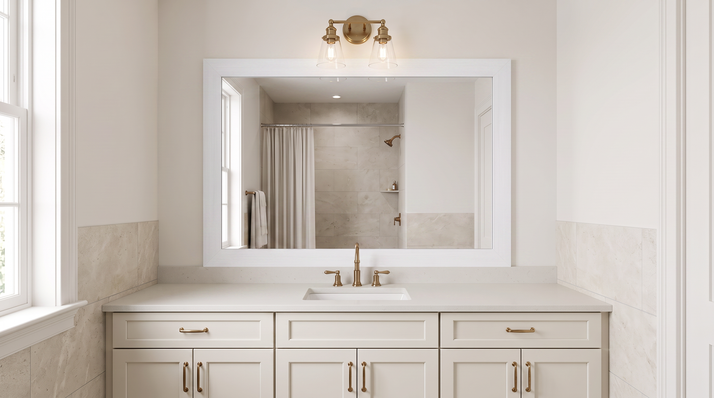 Designed bathroom with a frame installed over an existing vanity mirror