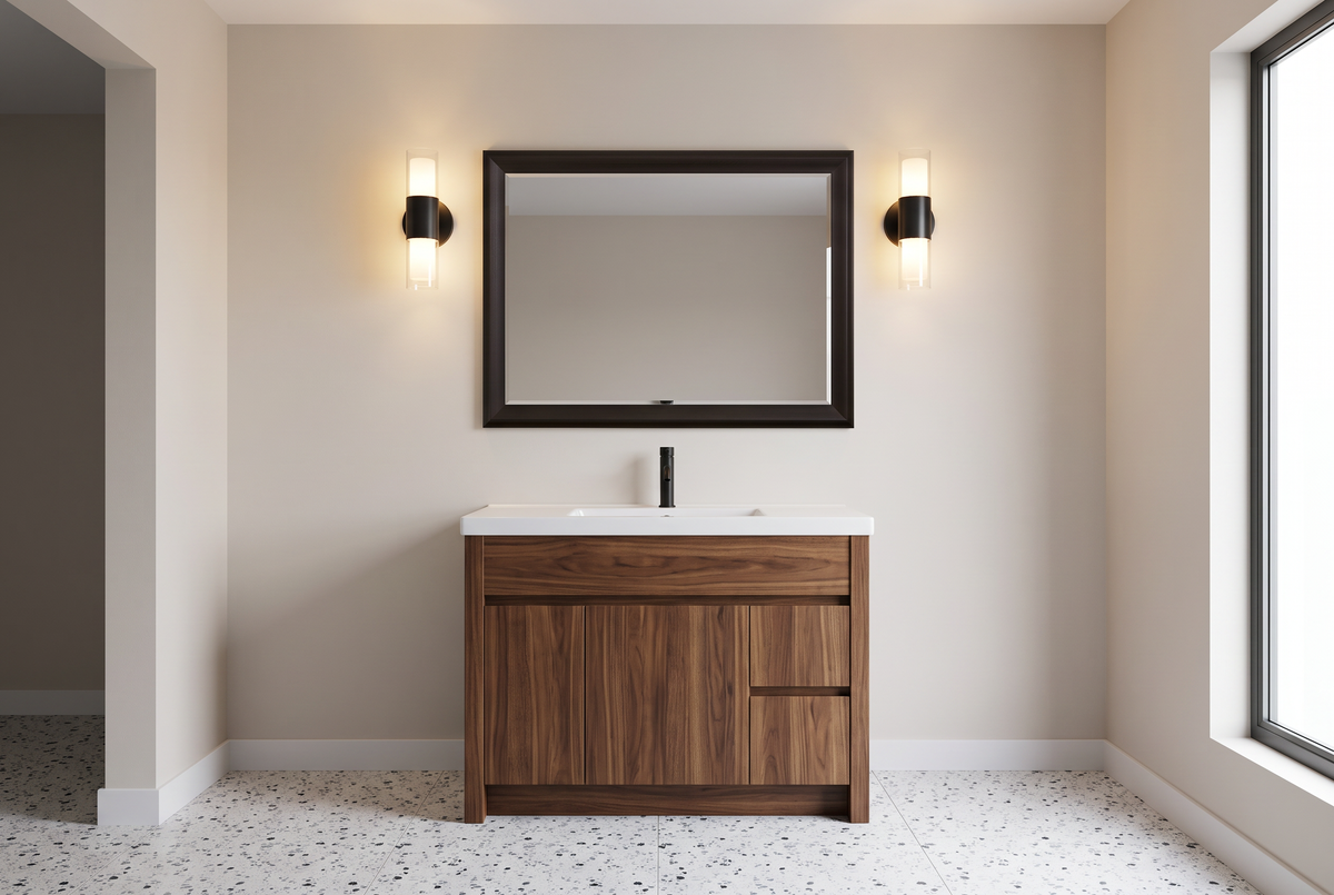 Remodeled residential bathroom featuring a made-to-order framed mirror