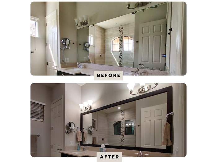 Completed customer bathroom mirror framing project