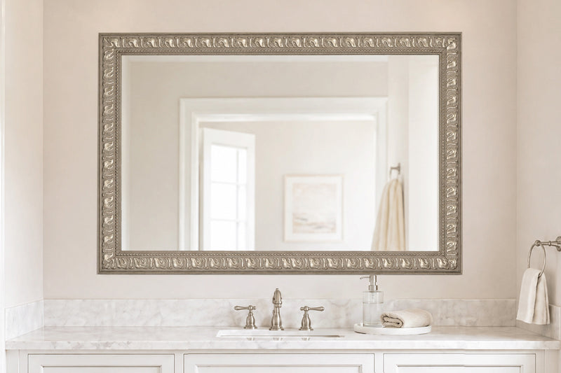 Builder grade mirror with Add A Frame Hudson Nickel Mirror Frame