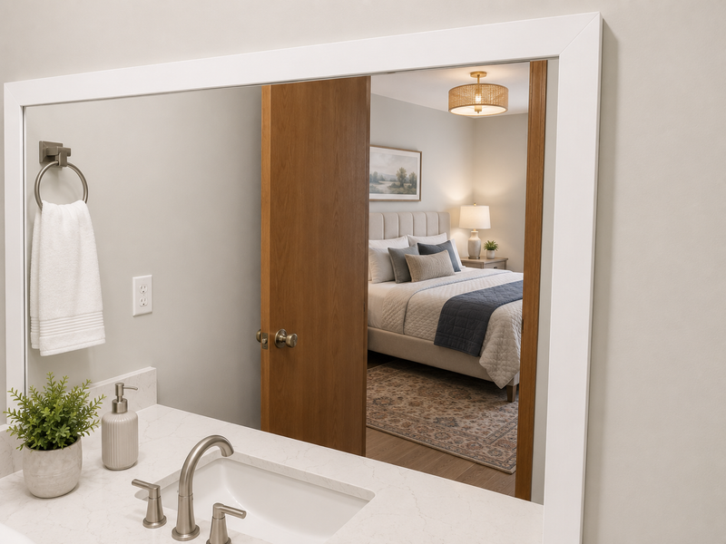 Refreshed motel bathroom with Weston Pure White mirror frame