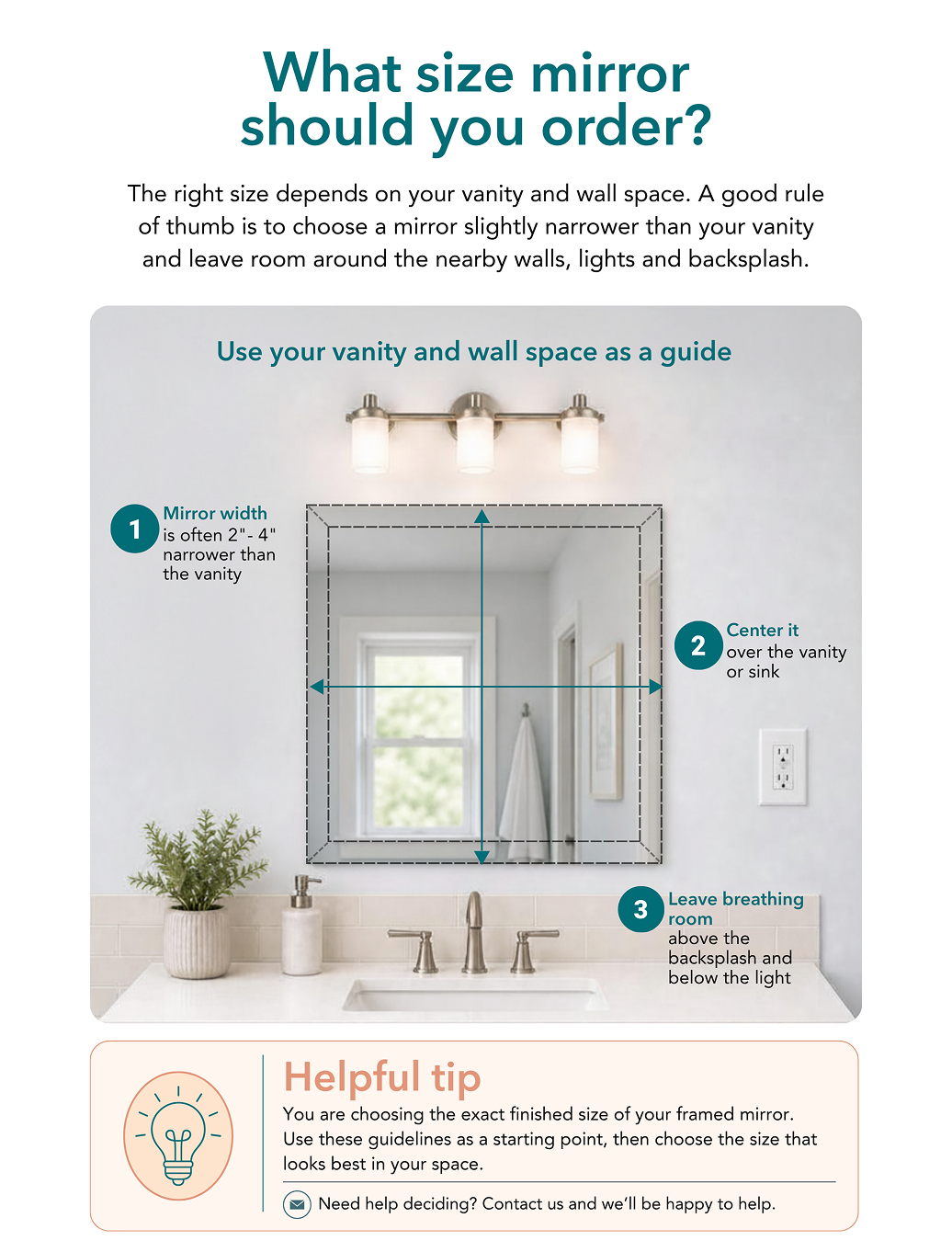 Choose a framed mirror size using your vanity and wall space as a guide, leaving breathing room above the backsplash and below the light.