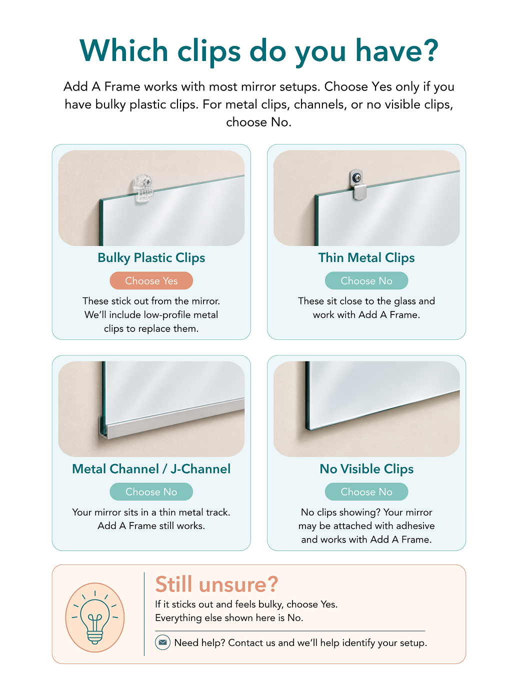 Which clips do you have? Choose Yes only for bulky plastic clips. Choose No for thin metal clips, metal channel, or no visible clips.